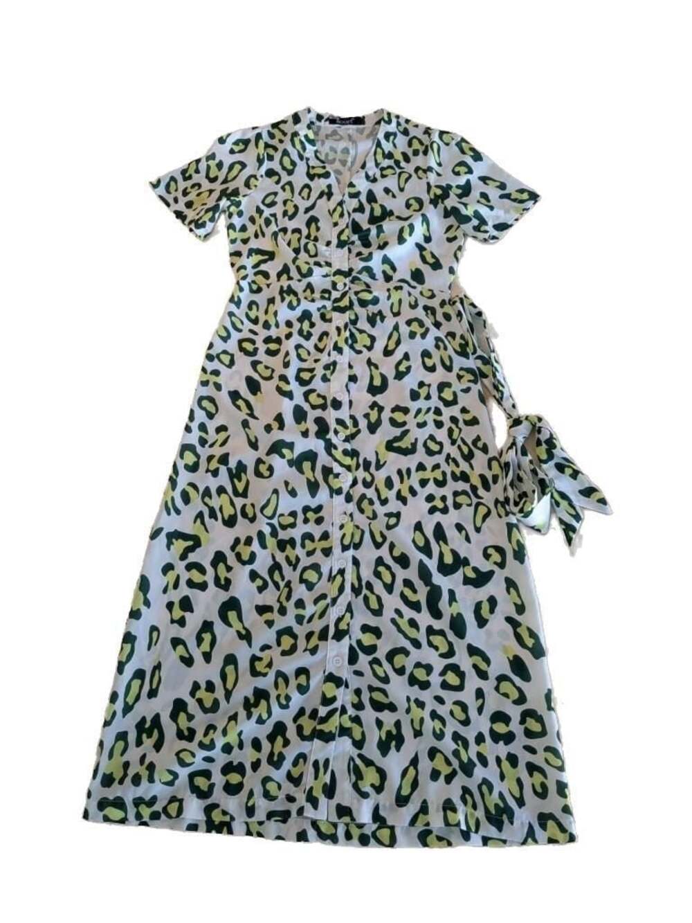 Kourt Green Leopard Print Button-Down Tie-Waist Midi Dress, Size XS